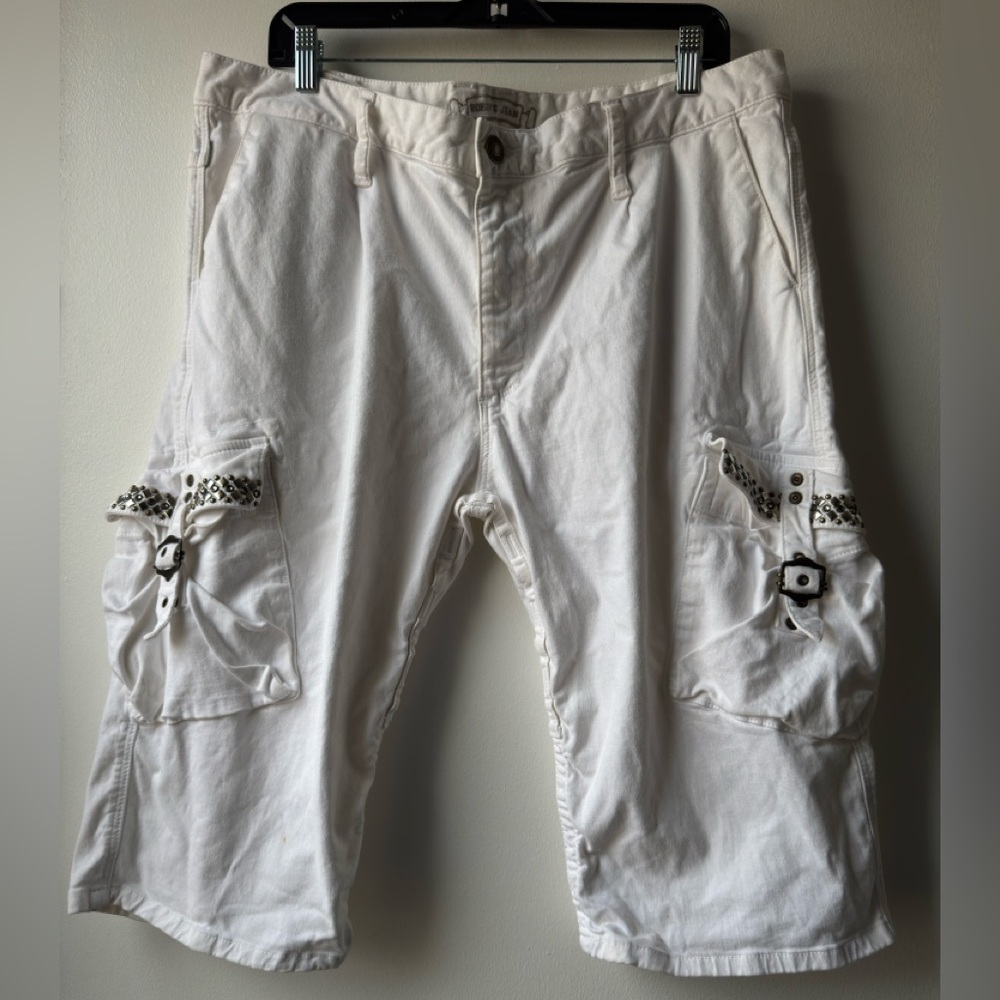 Robin's Jean White Men’s Cargo Shorts with Stud & Buckle Accents